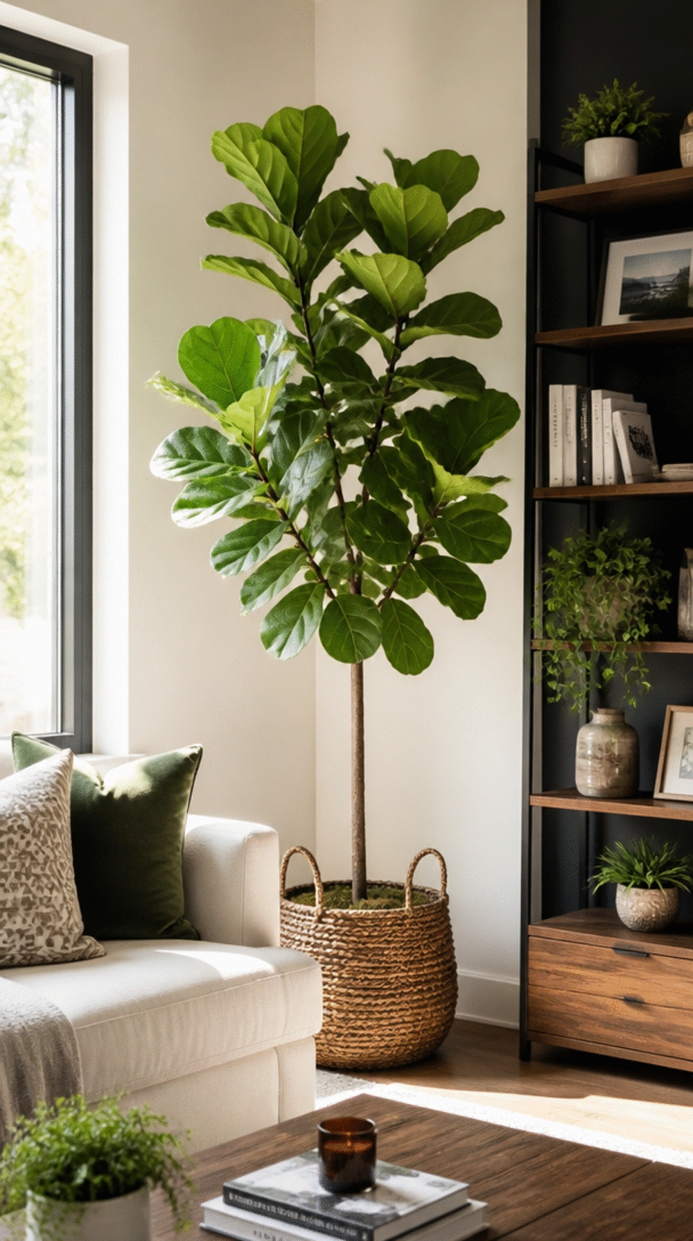 Living Room Fiddle Leaf Fig Tree in a Tall Woven Basket Planter