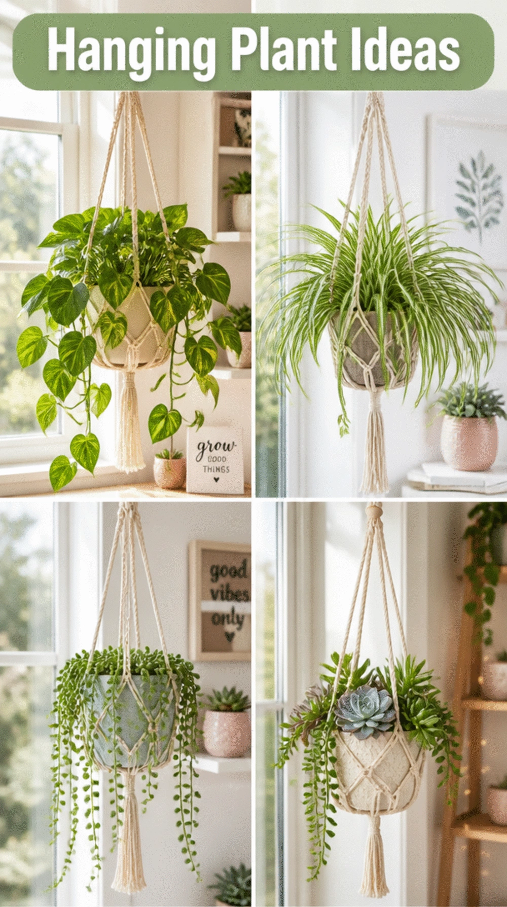 Hanging Macramé Living Room Plant Holder in a Sunny Window Corner