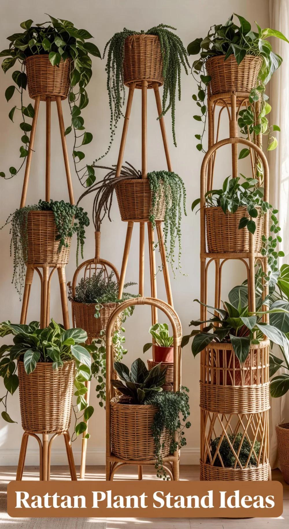 Living Room Tall Rattan Plant Stand That Elevates a Trailing Plant