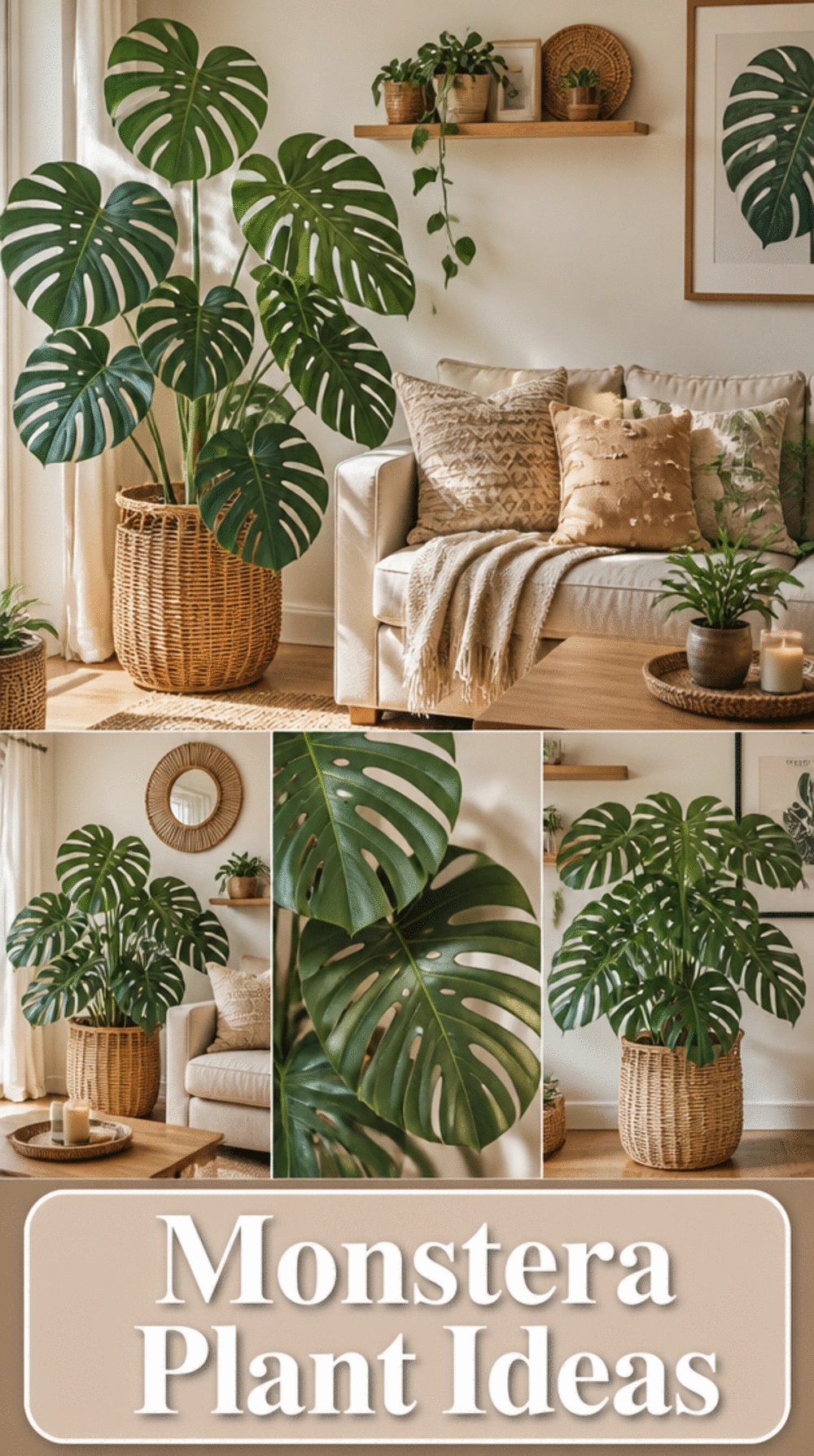 Living Room Monstera Deliciosa in a Large Rattan Planter Beside a Sofa