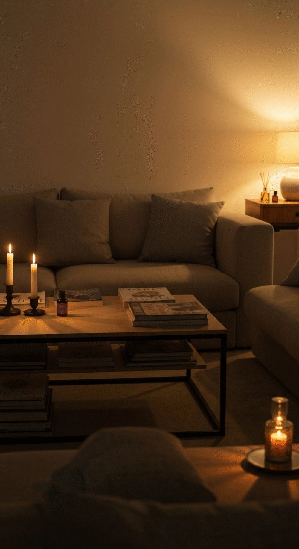 A beautifully arranged living room with candles and essential oil diffusers creating a warm and inviting aroma