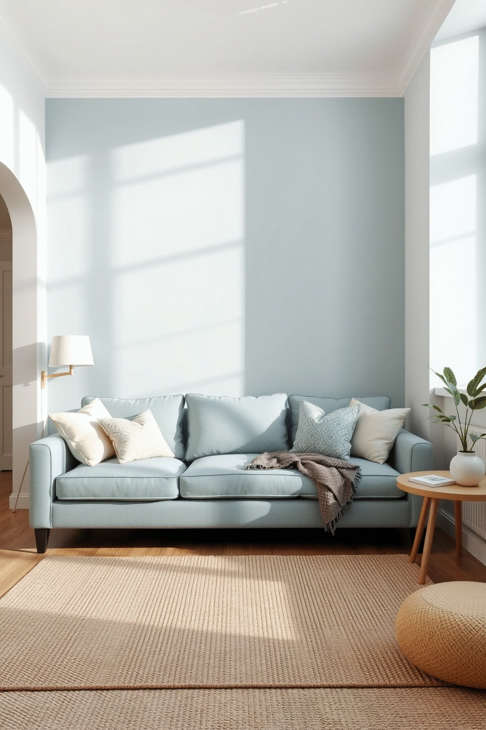 Interior view of a modern living room with a cohesive color scheme of soft blues and creams, featuring a comfortable sofa, a textured rug, and decorative pillows, under soft natural light.
