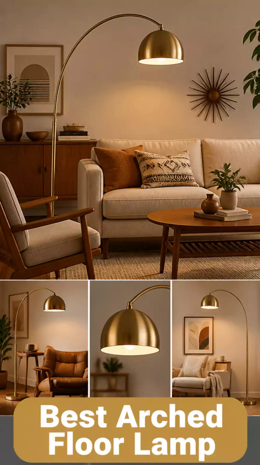 Arched Brass Floor Lamp That Makes a Mid-Century Living Room Glow