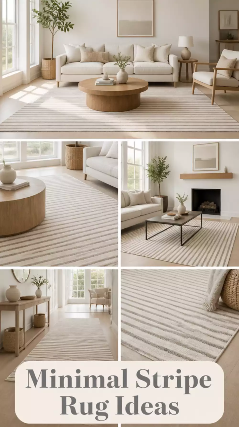 Minimal Living Room Thin-Stripe Flatweave Rug in Cream and Taupe