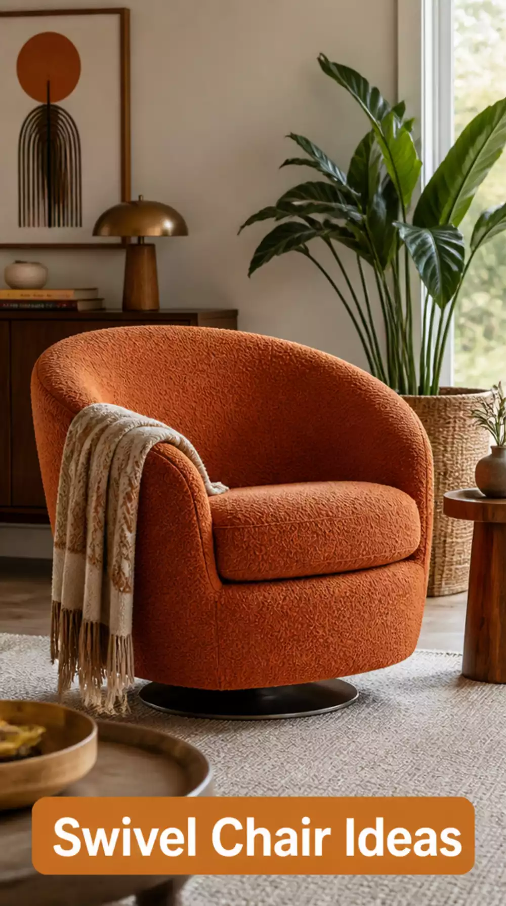 Mid-Century Modern Living Room Swivel Chair in Burnt Orange Boucle