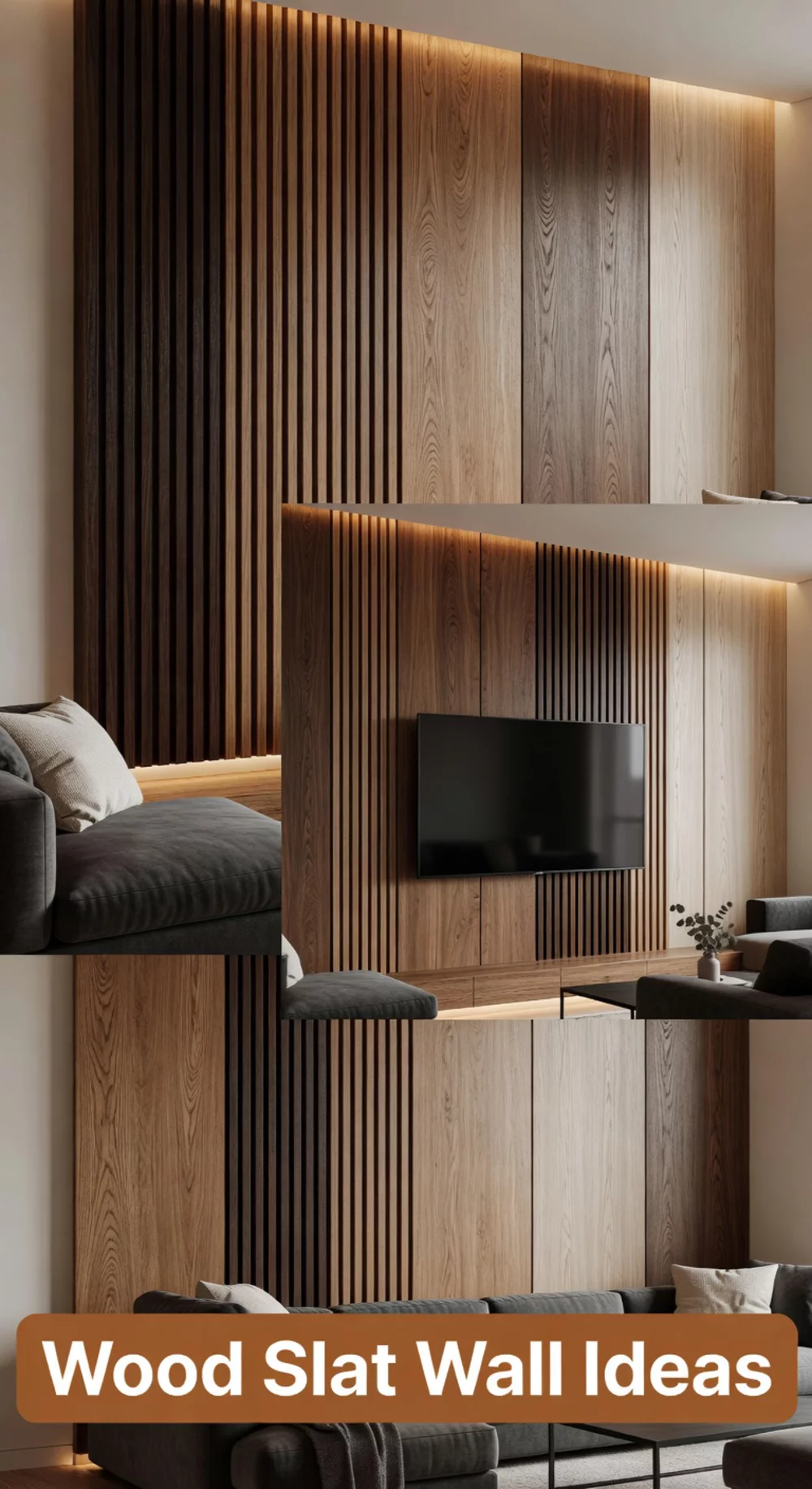 Living Room Wood Slat Wall Panel Behind a Mounted TV