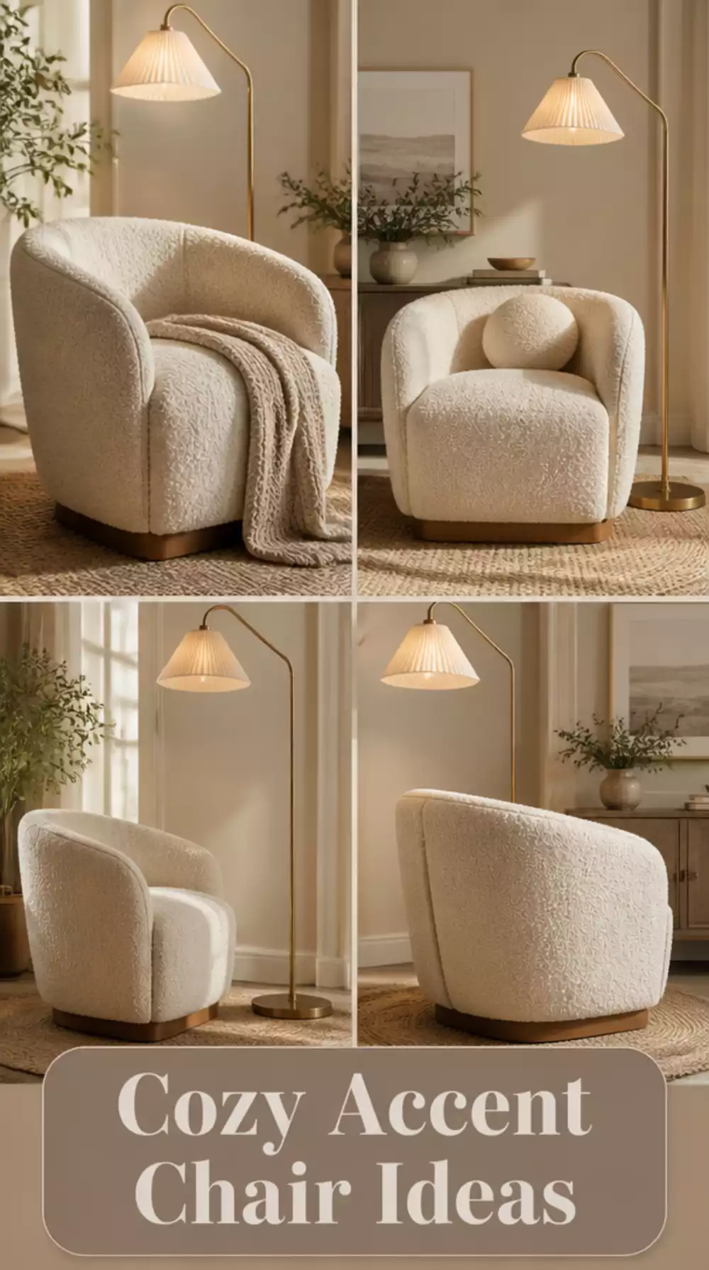 Boucle Accent Chair in Warm Ivory Next to a Floor Lamp