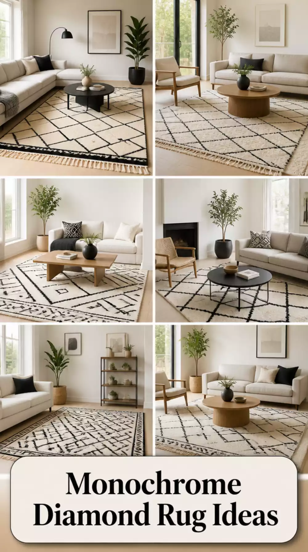 Modern Living Room Monochrome Diamond Rug in Soft Black and Ivory