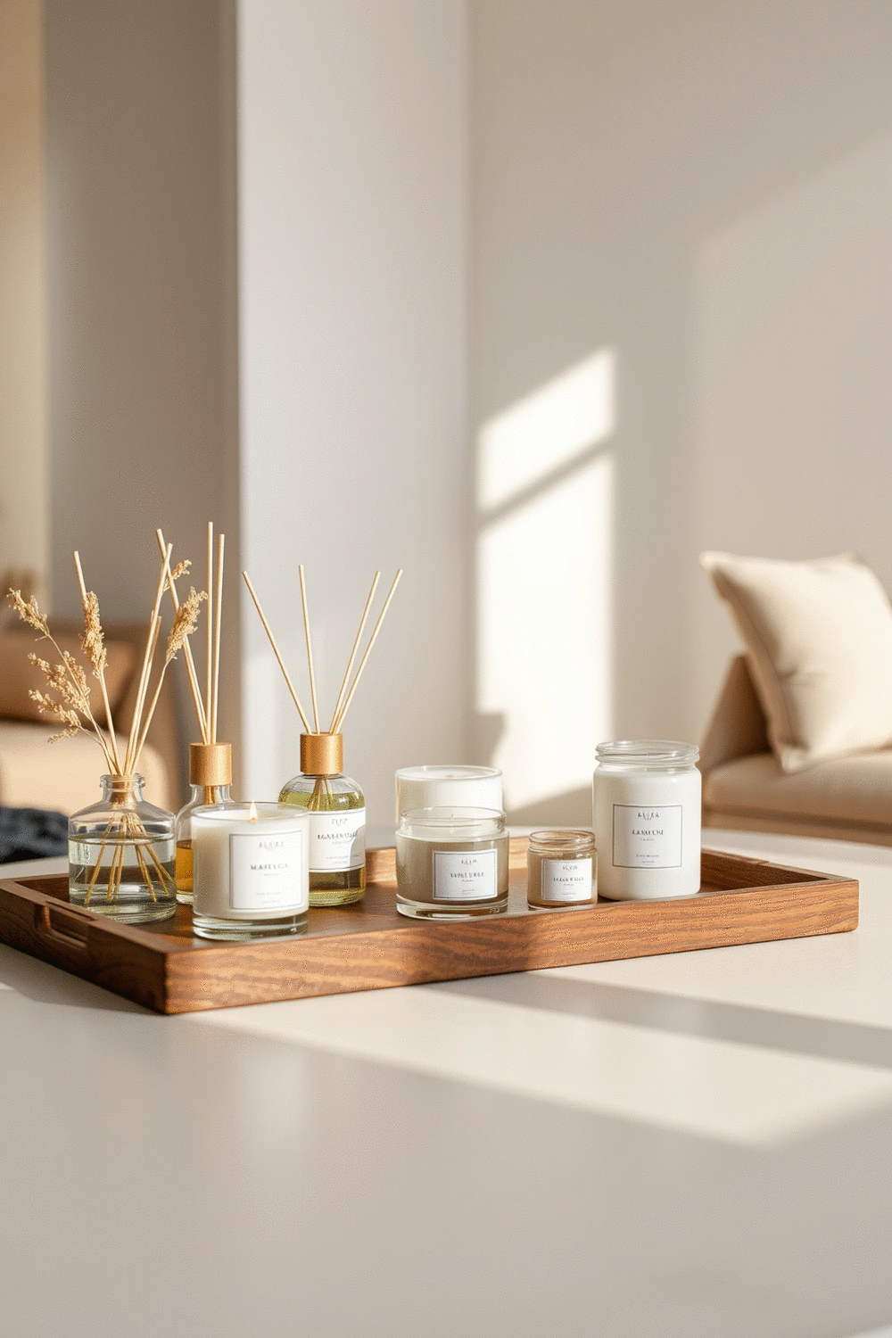 Stylized arrangement of various scented candles and diffusers on a wooden tray in a minimalist living room setting.