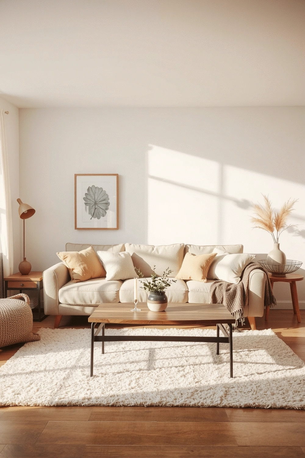 A cozy living room interior with warm lighting, soft textures, and tasteful minimalist decor, focusing on neutral tones and inviting atmosphere.
