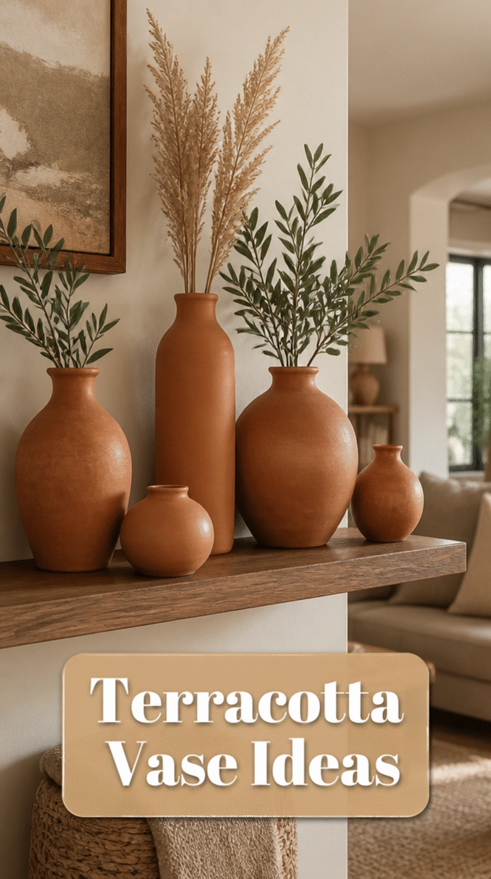 Mid-Century Living Room Terracotta Ceramic Vase on a Shelf