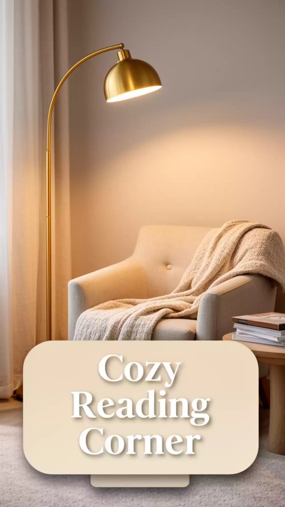 Arc Floor Lamp in Brushed Gold That Lights a Living Room Reading Corner