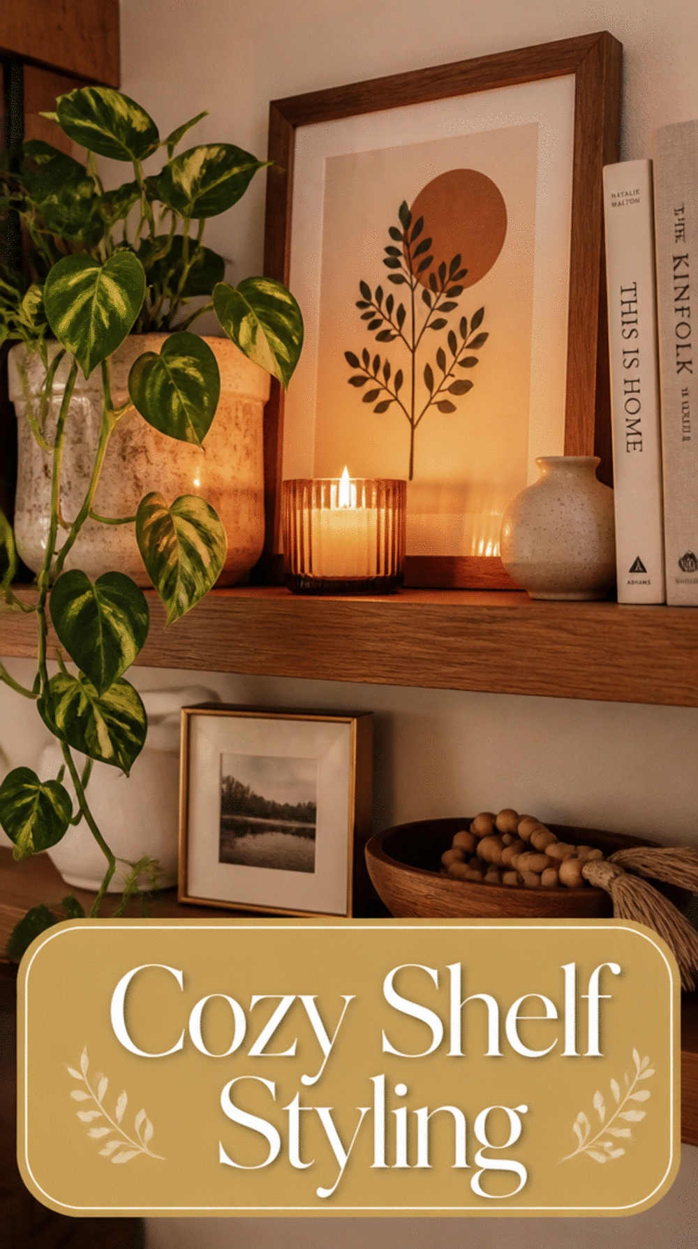 Living Room Shelf Styled with a Trailing Plant, a Candle, and One Art Print