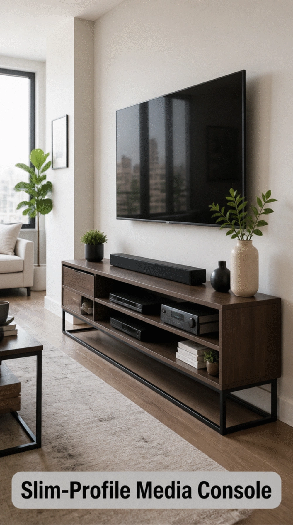 Living Room Slim-Profile Media Console for a Narrow Apartment Wall