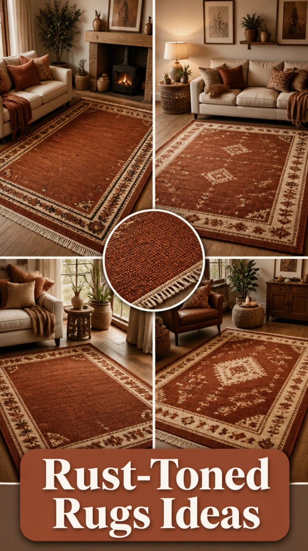 Rust-Toned Living Room Wool Rug with a Simple Woven Border Detail