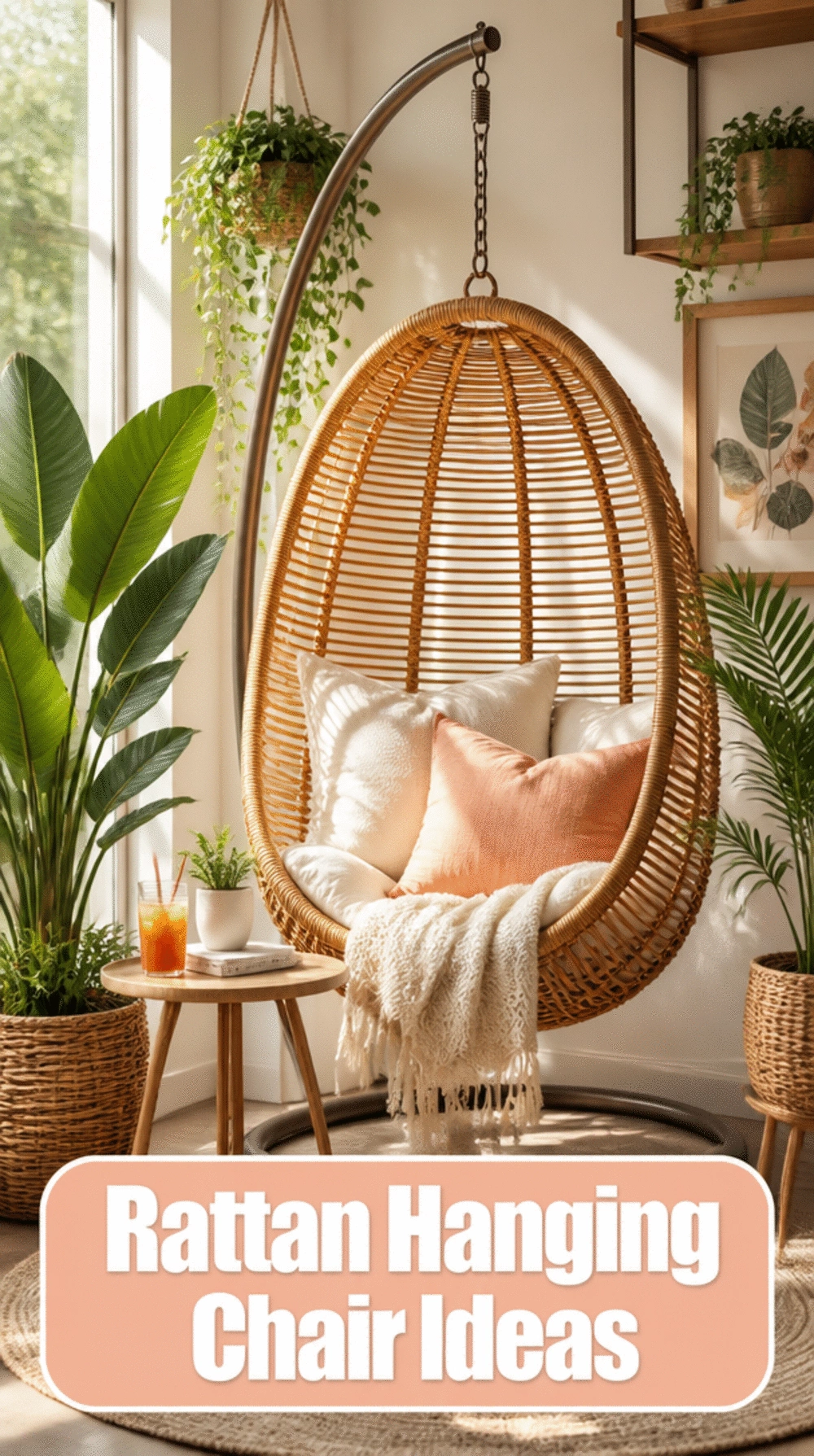 Living Room Rattan Hanging Chair in a Sunny Boho Corner