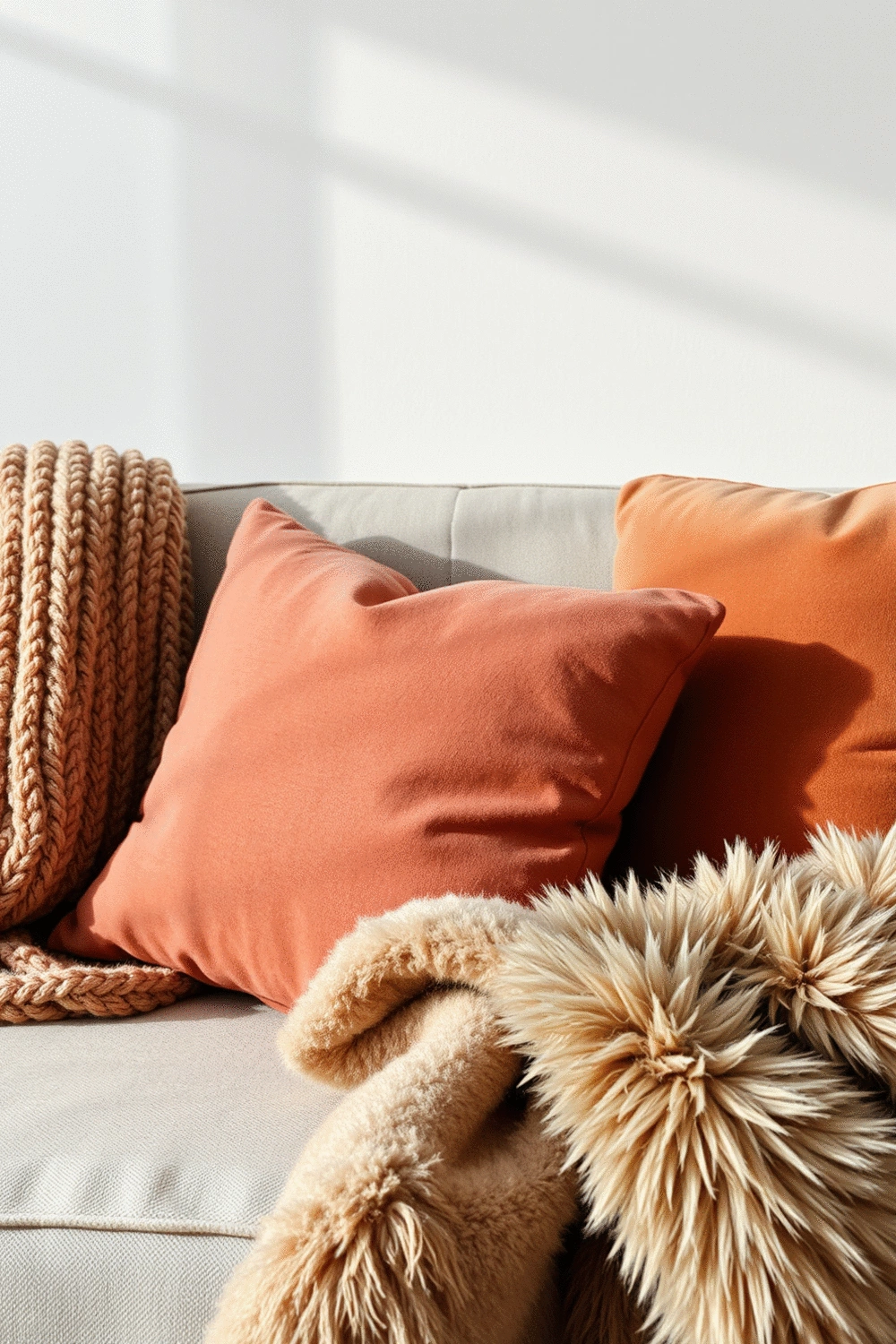A close-up of layered textiles on a sofa, including a knitted throw, velvet cushions, and a faux fur blanket, showcasing various textures and warm colors.