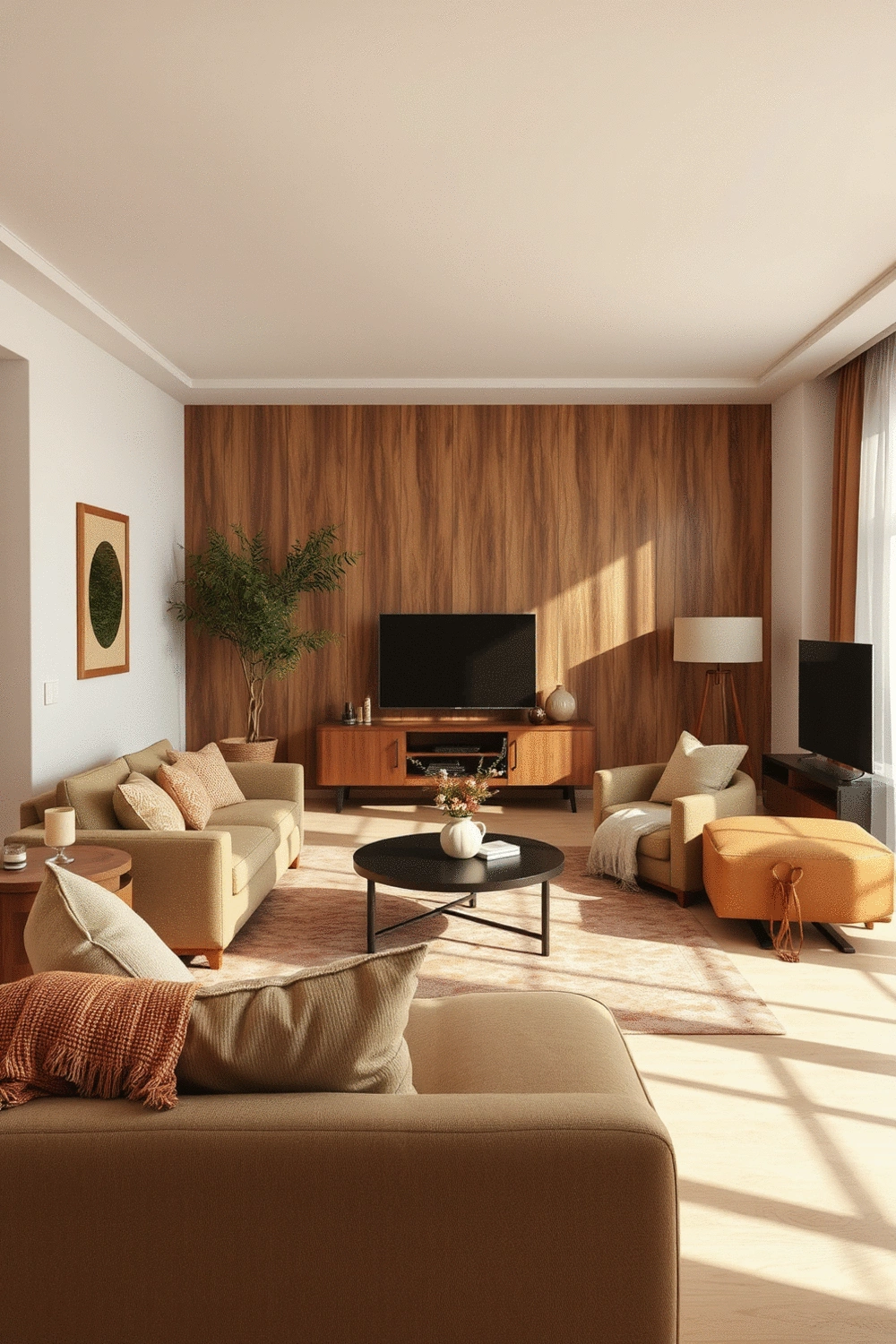 A warm and inviting living room interior with soft lighting and comfortable furniture, focusing on textures and colors.