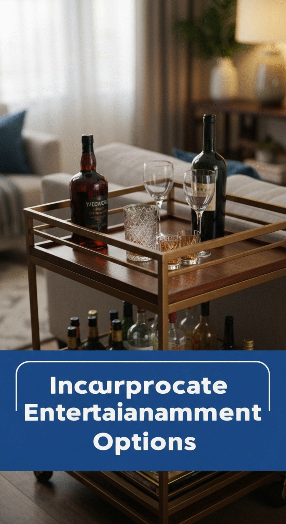 A stylish home bar cart with drinks and glasses displayed, showcasing a cozy entertaining space
