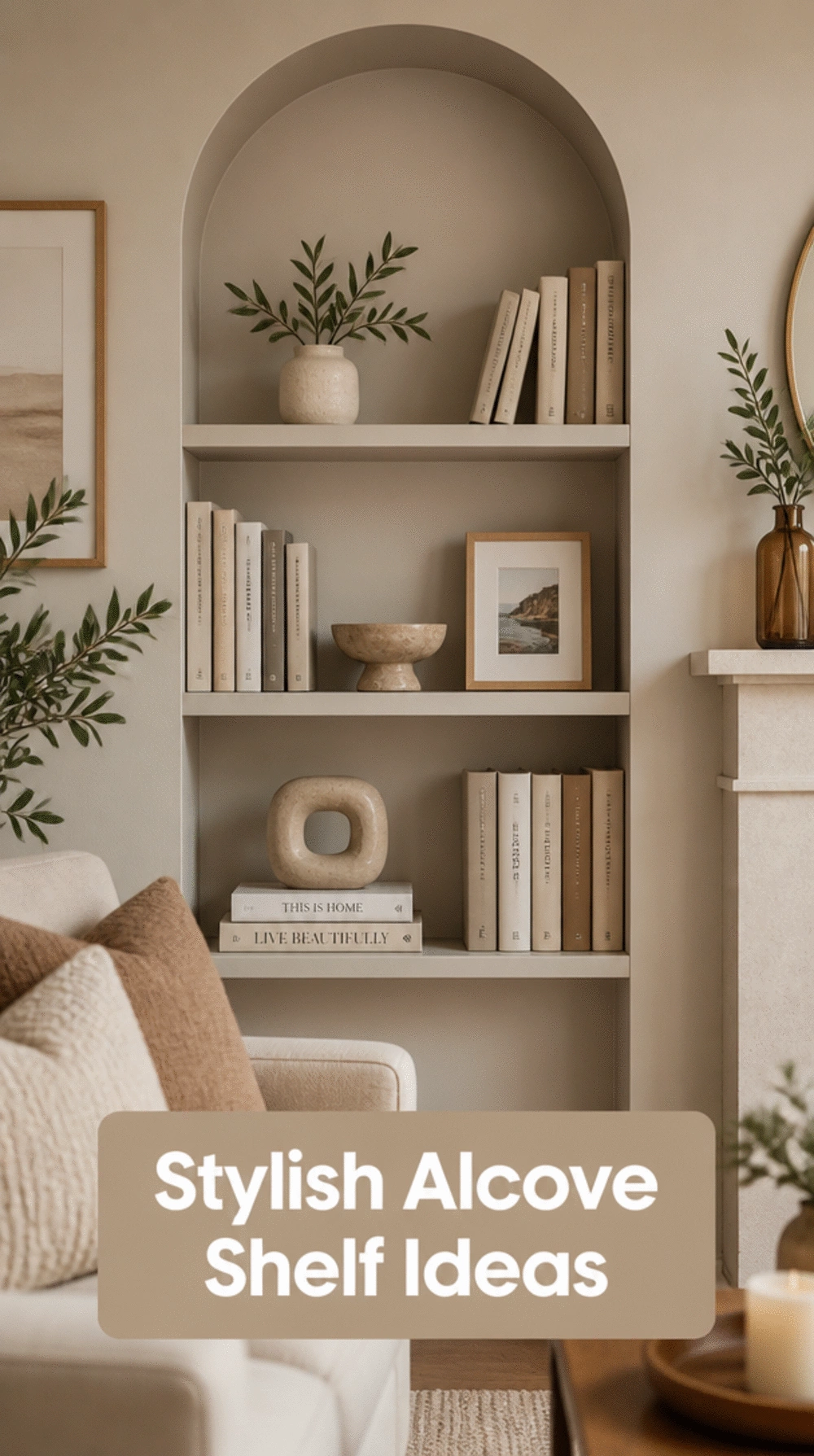 Built-In Living Room Alcove Shelf Painted the Same Colour as the Wall