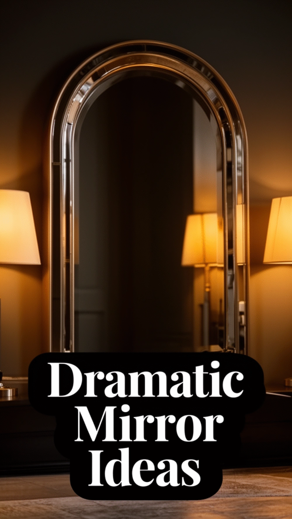 Living Room Dramatic Black Arched Mirror on a Dark Feature Wall