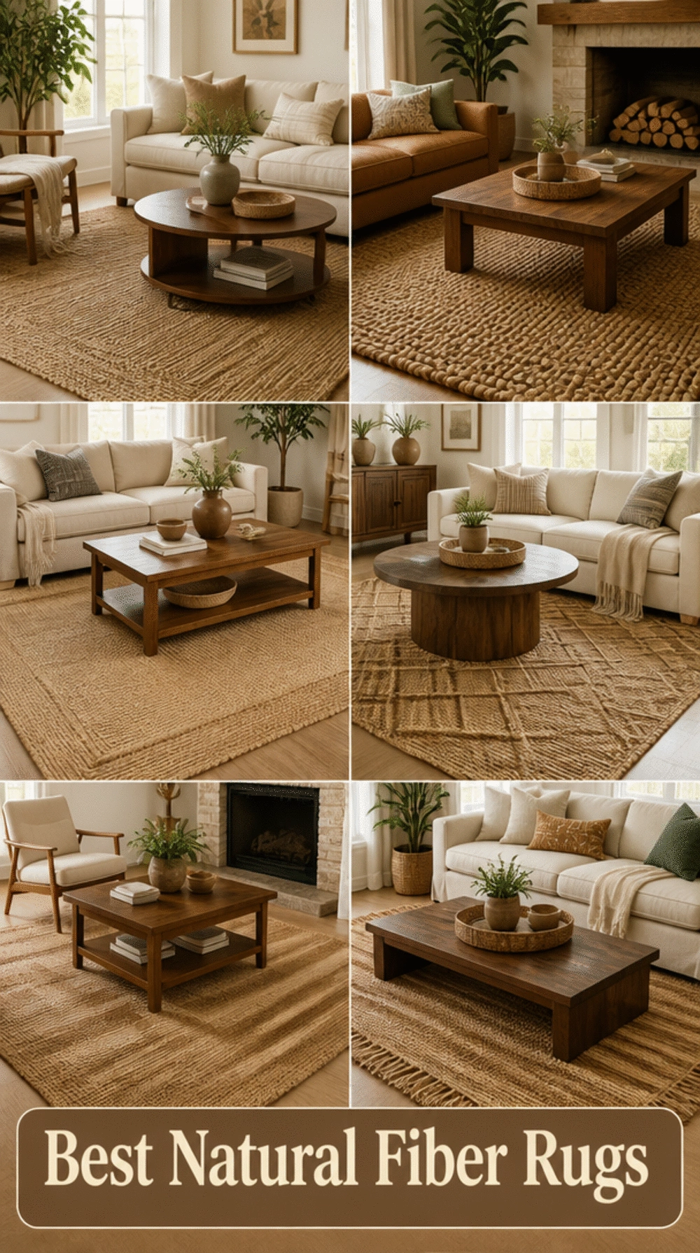 Natural Jute Area Rug Under a Walnut Coffee Table in a Living Room