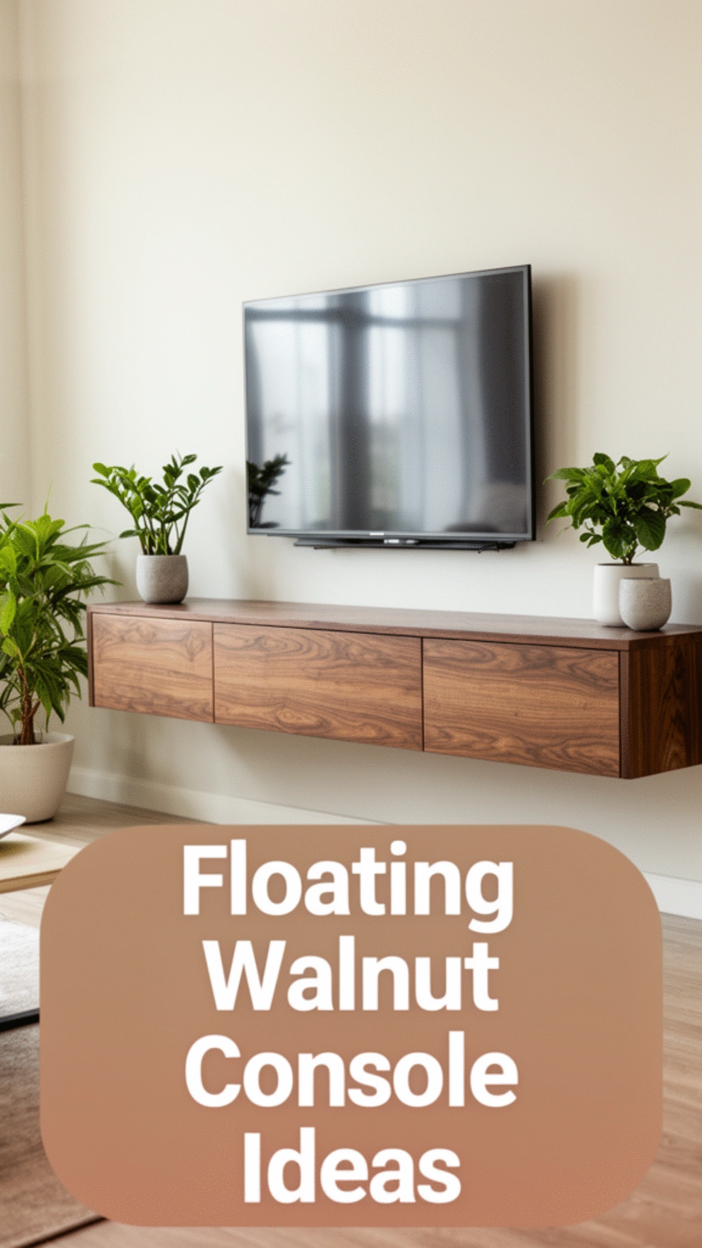 Living Room Floating Walnut TV Console with Two Closed Drawers