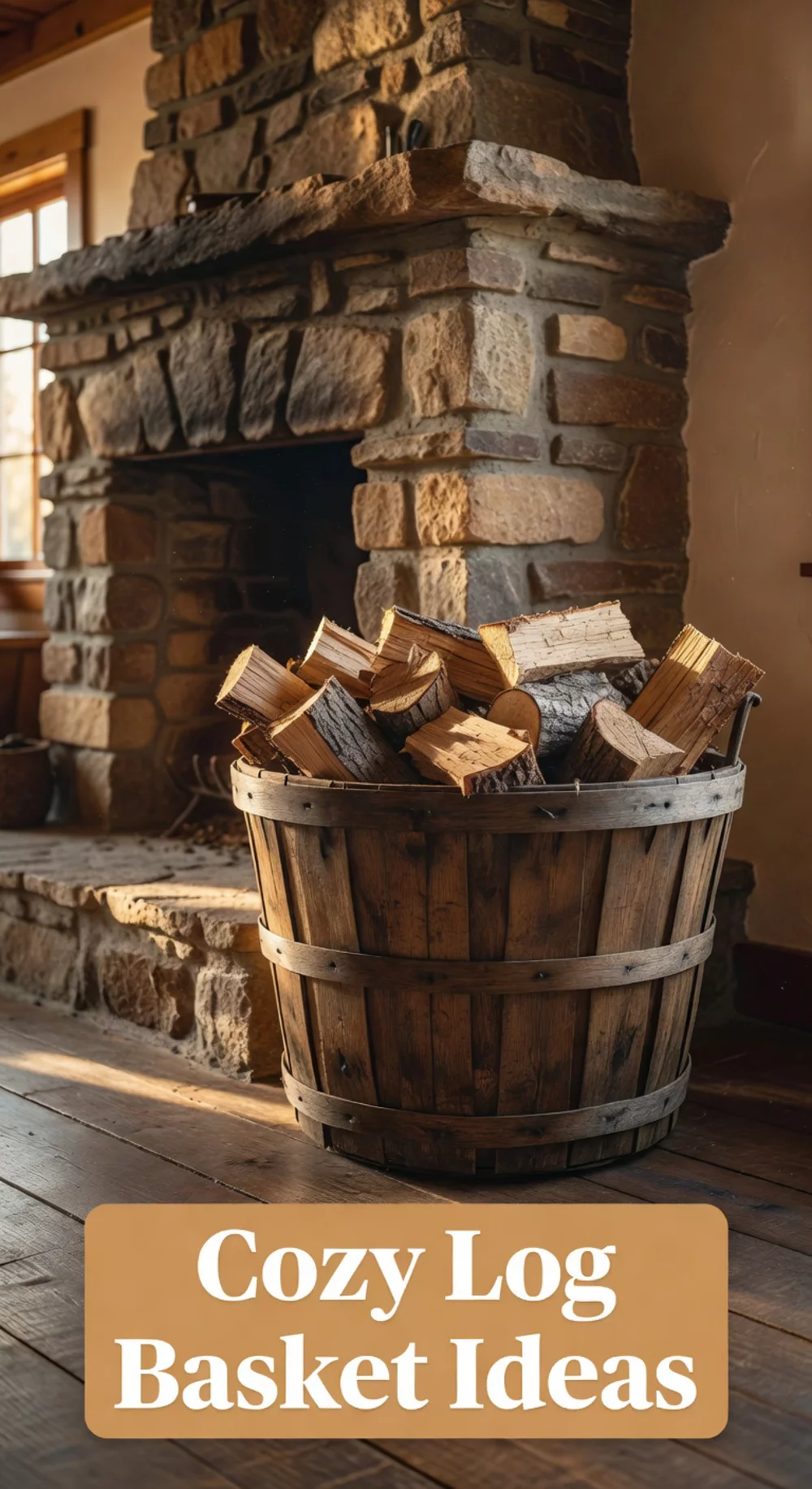 Living Room Rustic Log Basket Beside a Stone Hearth