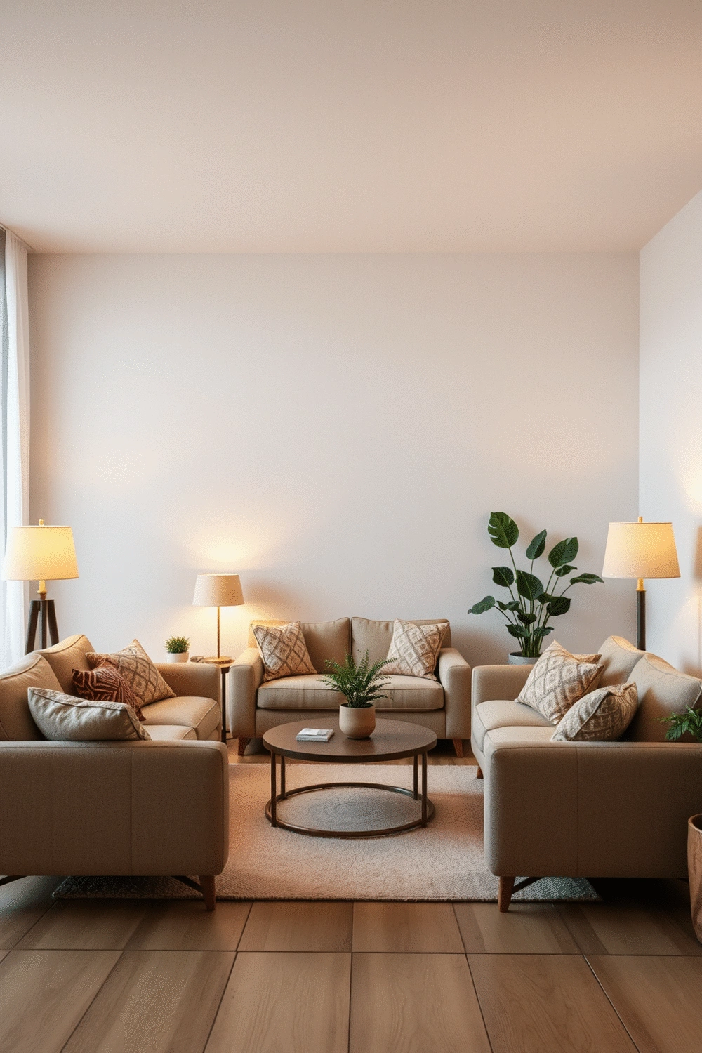 Interior of a cozy living room with strategically arranged furniture creating an intimate conversation area, warm lighting, and natural plants.