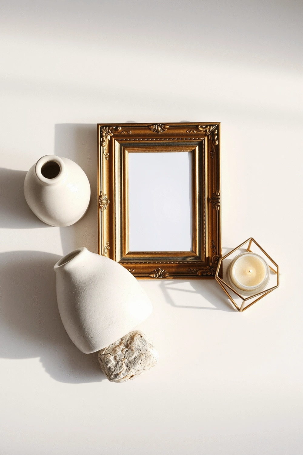 Flat lay of modern and vintage decorative items like a small ceramic vase, a vintage brass frame, and a minimalist candle
