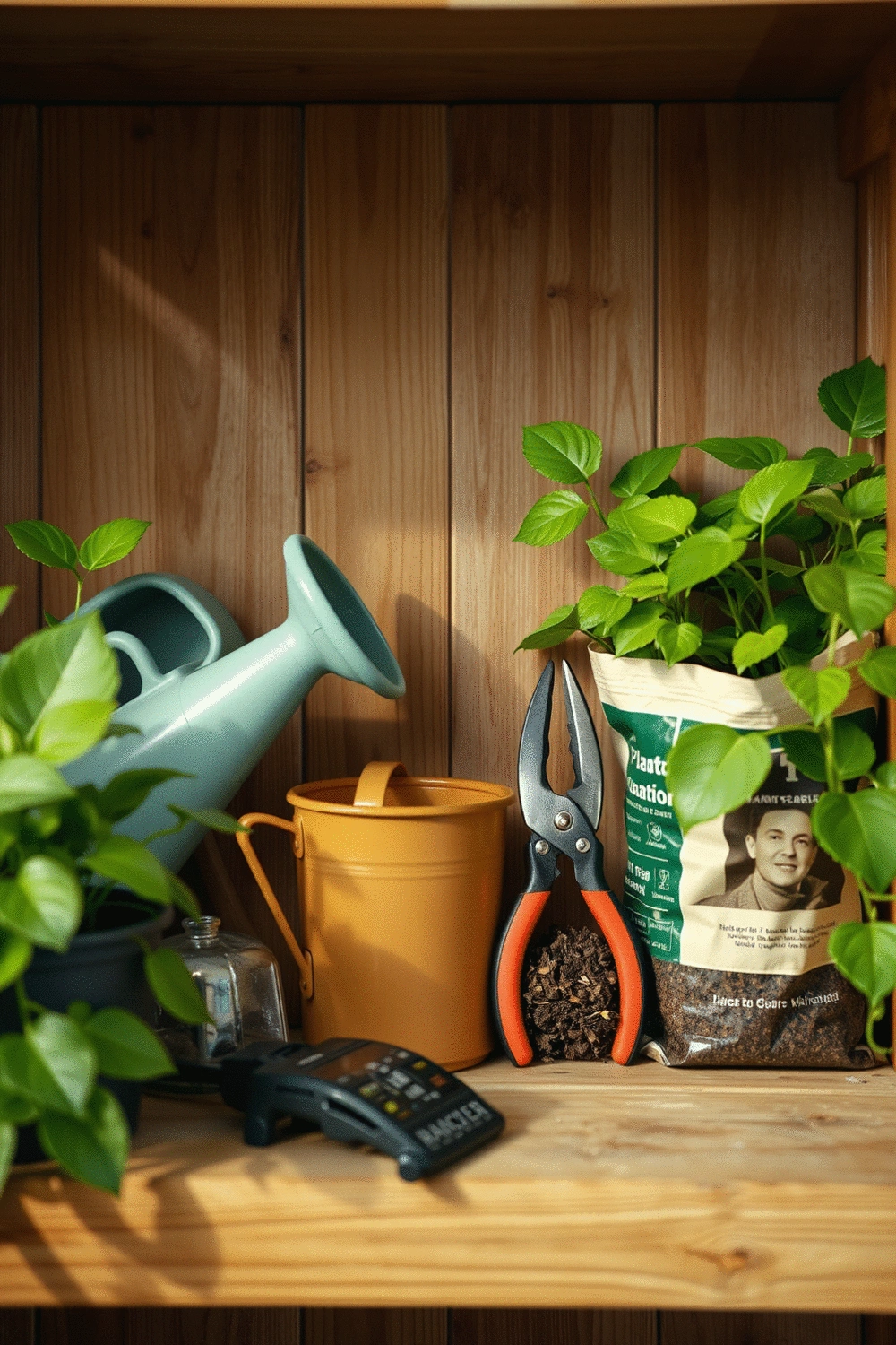 Various plant care tools displayed neatly on a wooden shelf, including a watering can, small trowel, pruning shears, and a bag of potting soil, soft natural light, no text, no words, no typography, no labels, clean image, no humans, no people, no hands, no body parts