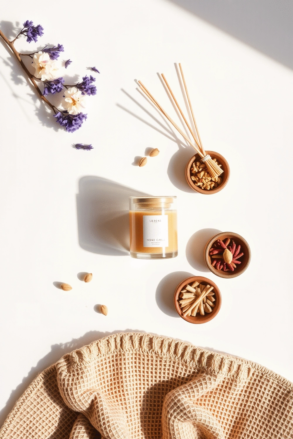 Overhead flat lay of various home fragrance products including a candle, a diffuser, and small decorative potpourri bowls, arranged neatly on a clean white surface.