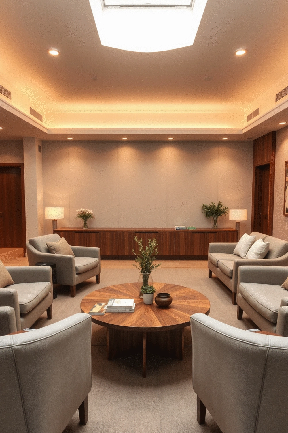 A cozy living room arrangement with a large, round coffee table at the center, surrounded by soft upholstered seating in a semi-circular layout, with warm, diffused overhead lighting.