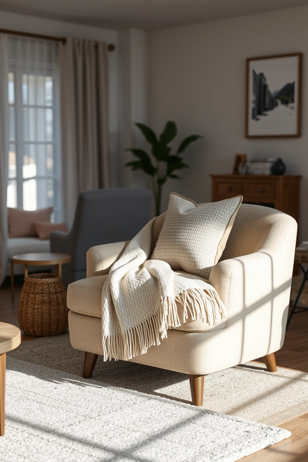 A stylish, comfortable armchair with a soft throw blanket and a decorative pillow in a cozy living room setting.