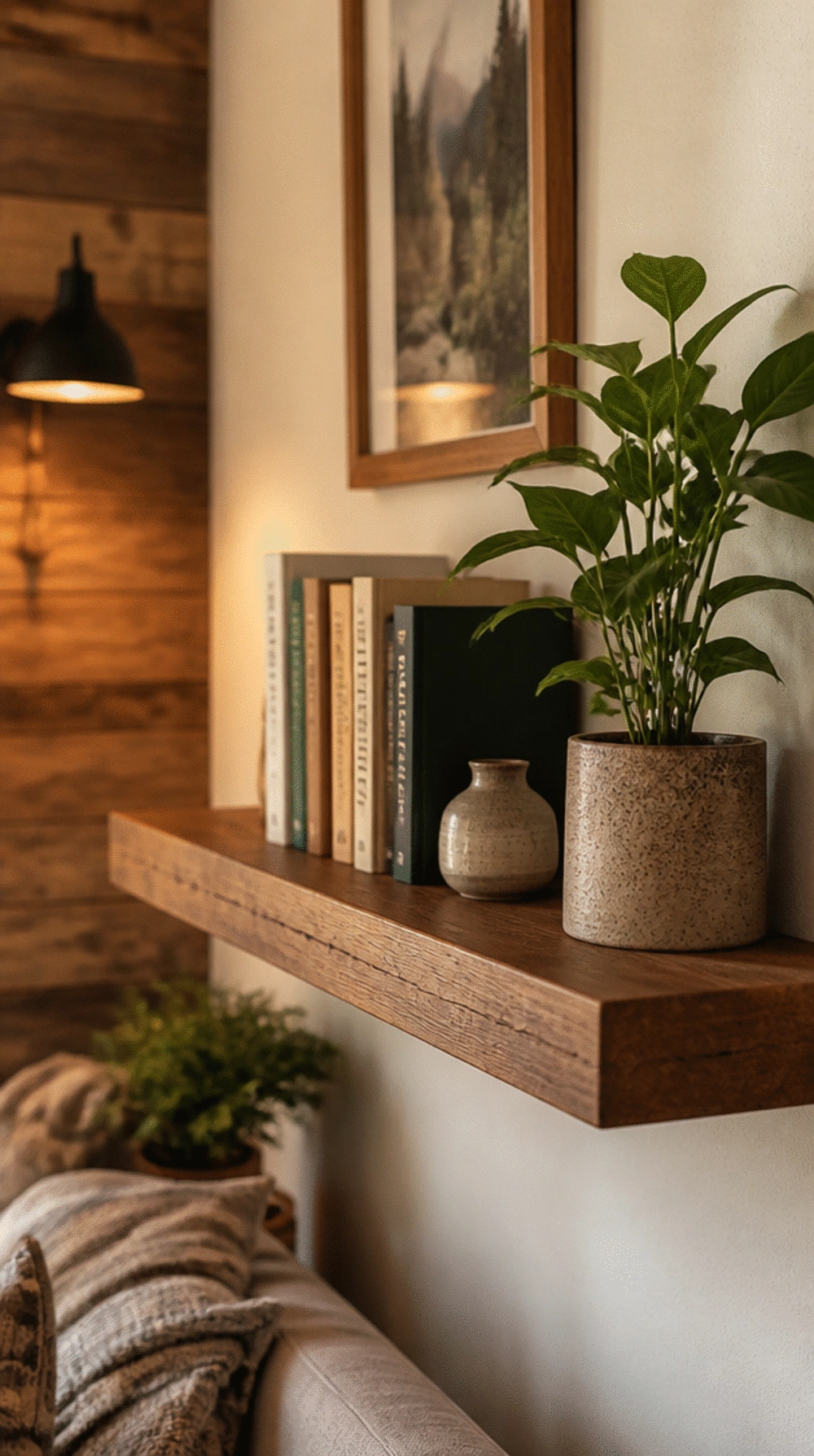 Living Room Floating Wooden Shelf Styled with Books and a Small Ceramic