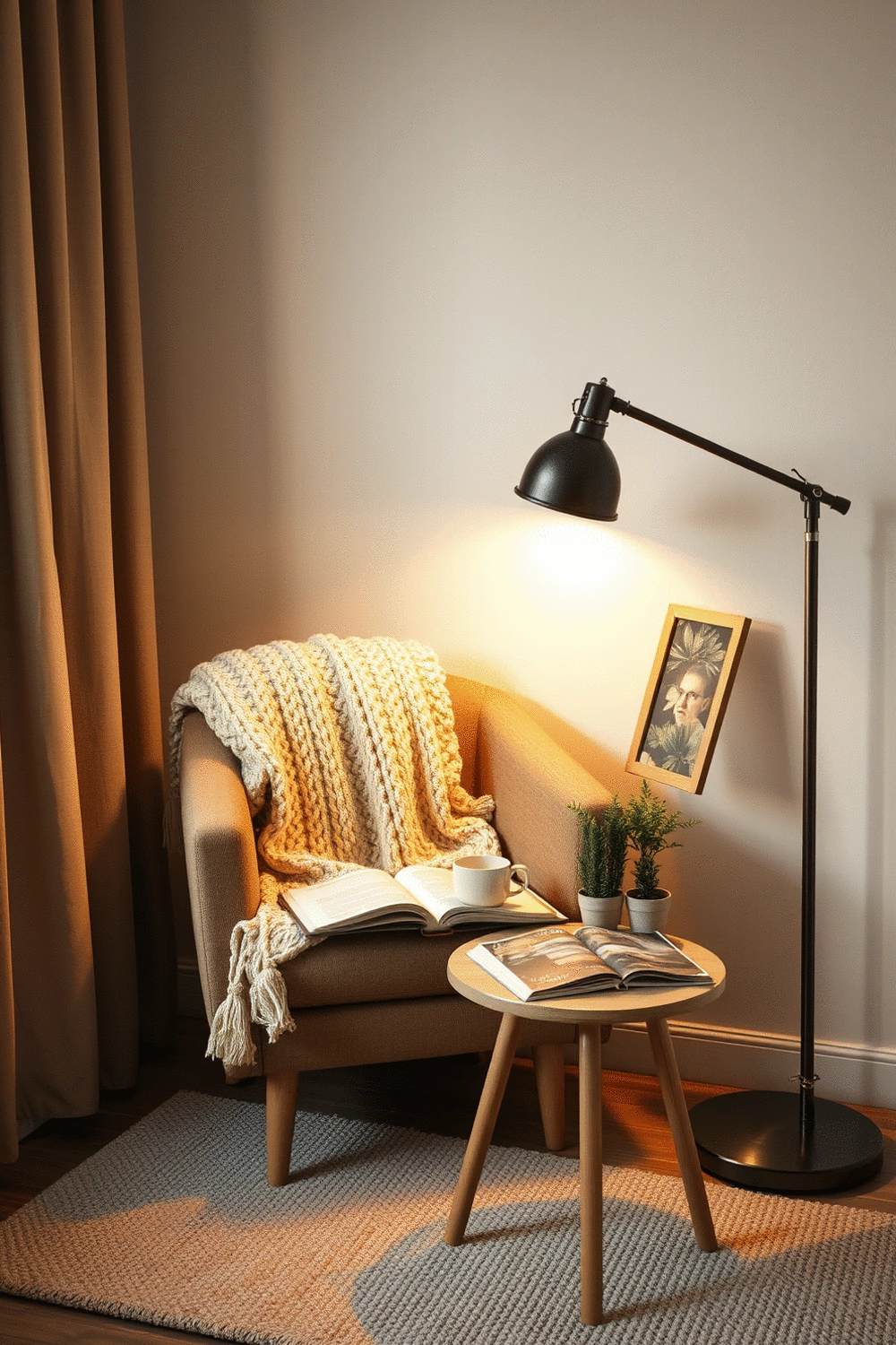 A cozy reading nook featuring a comfortable armchair with a soft knitted throw, a small side table holding a steaming mug and an open book, and a floor lamp casting warm light. Personal items like a framed photo and a small potted plant are visible on the side table.