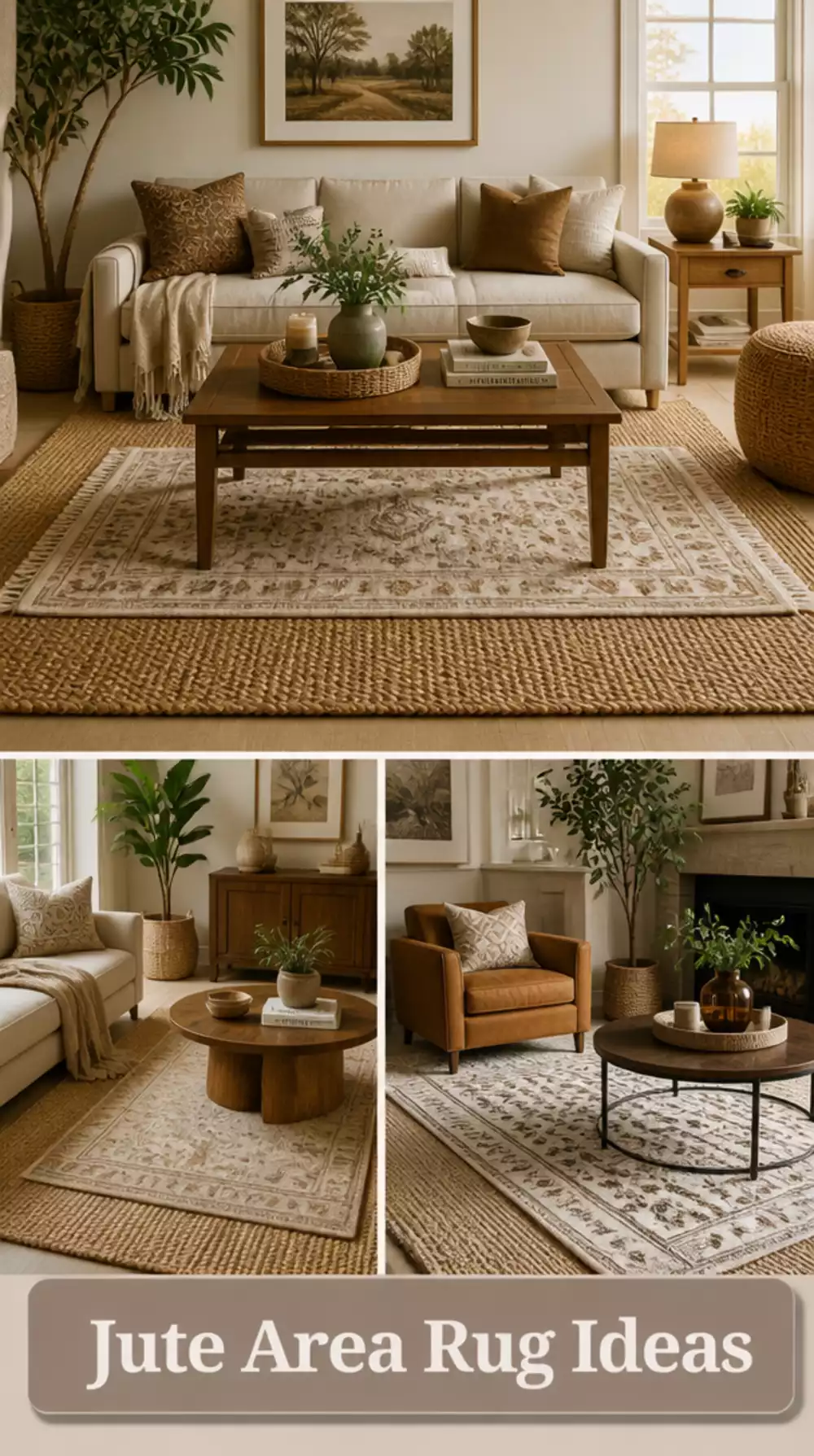 Small Living Room Jute Area Rug in a Natural Woven Stripe