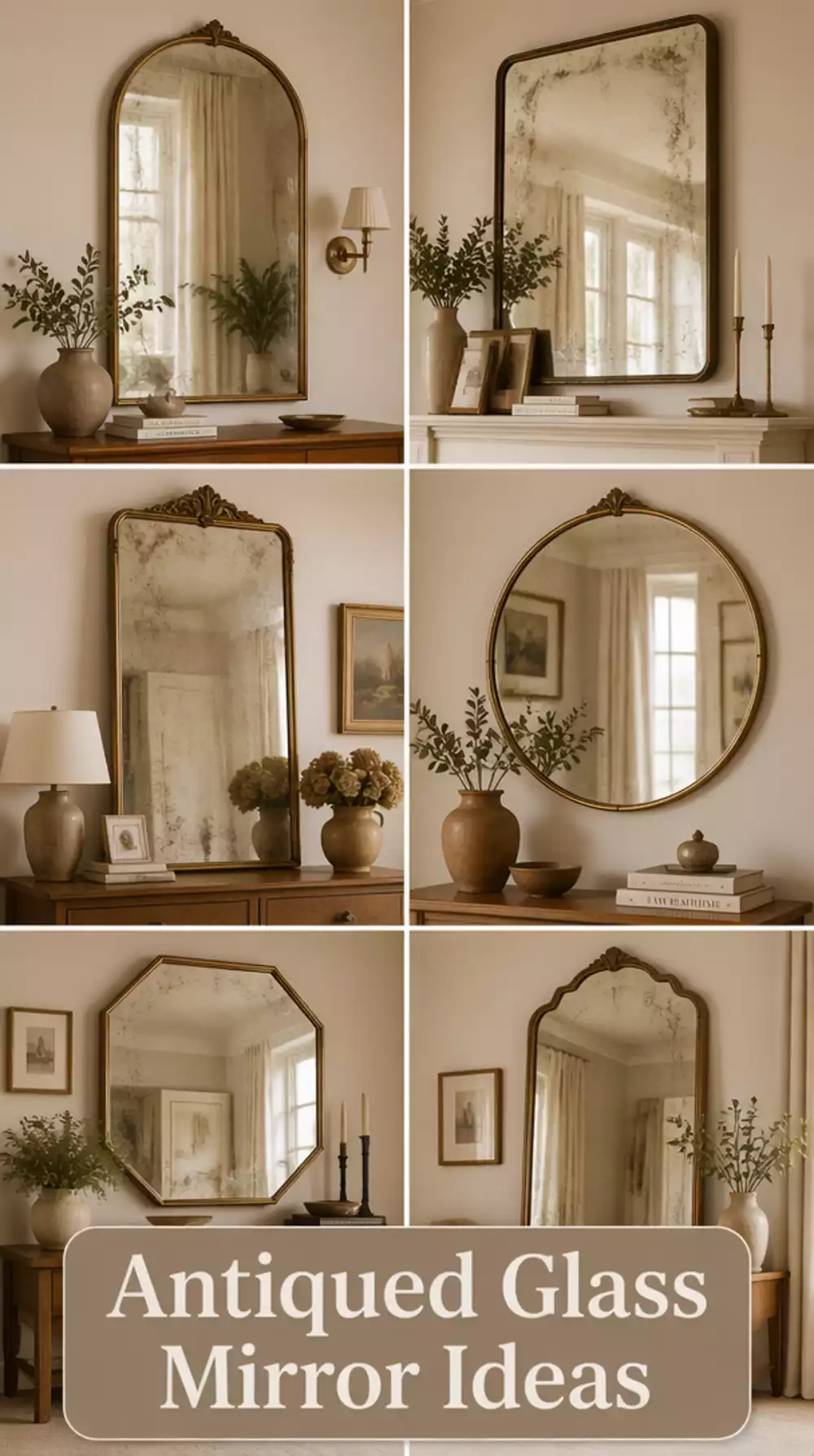 Living Room Antiqued Glass Mirror That Adds Warmth to a Neutral Wall