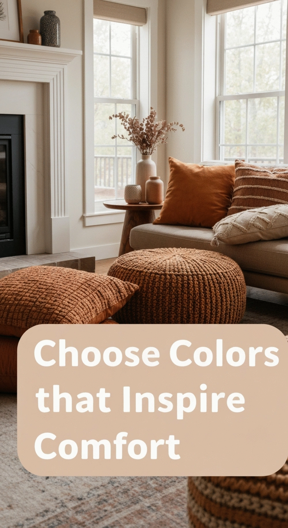 A cozy living room featuring warm color palettes and decor around a fireplace