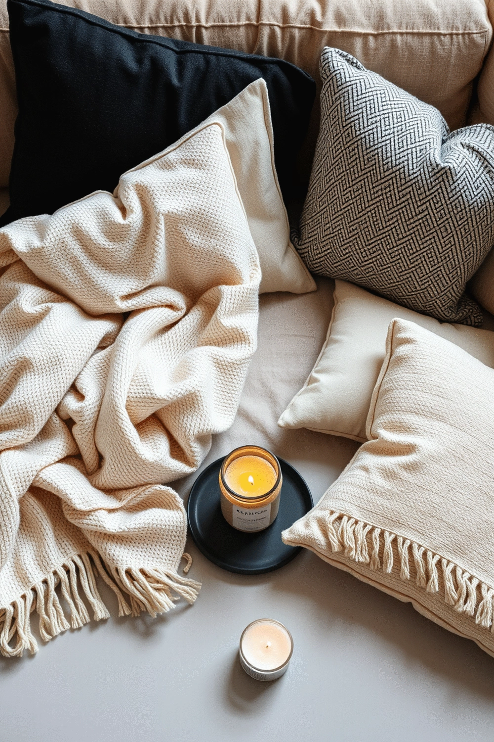 A collection of cozy living room accessories including a soft throw blanket, decorative pillows, and a scented candle on a coffee table
