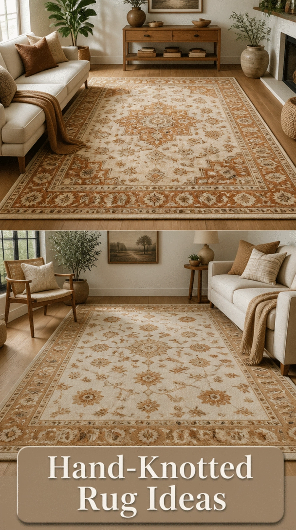 Earthy Living Room Hand-Knotted Rug in Warm Caramel and Cream