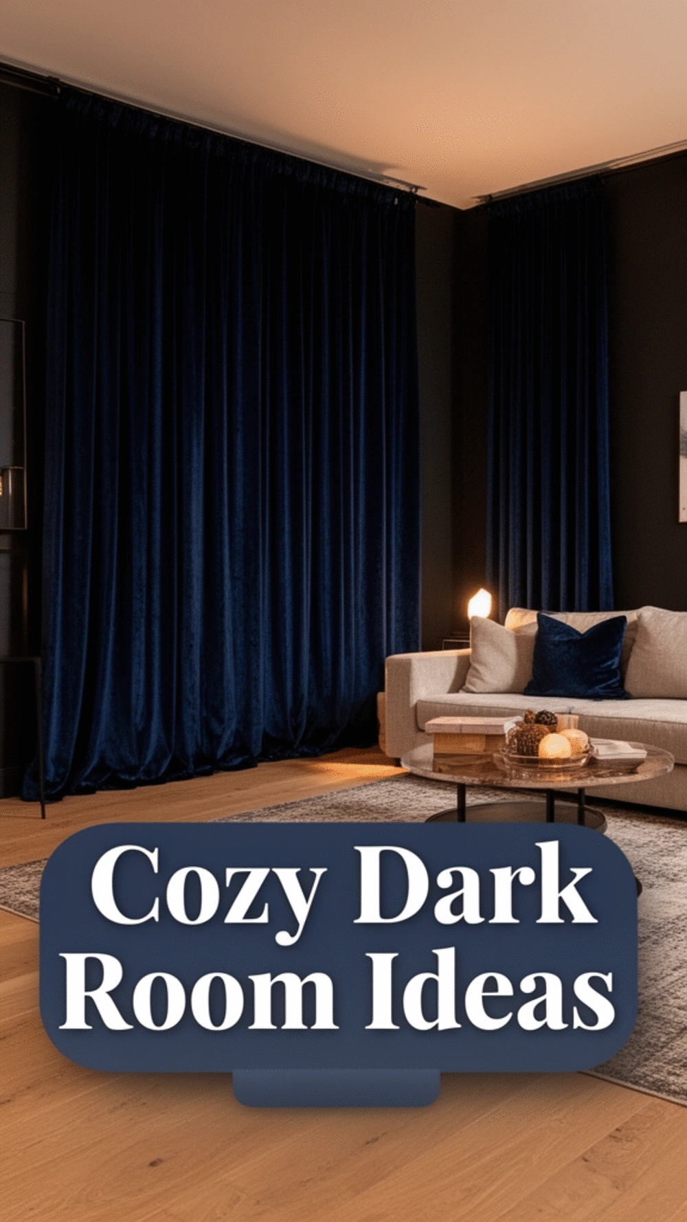 Living Room Midnight Navy Velvet Curtains That Frame a Dark Moody Room