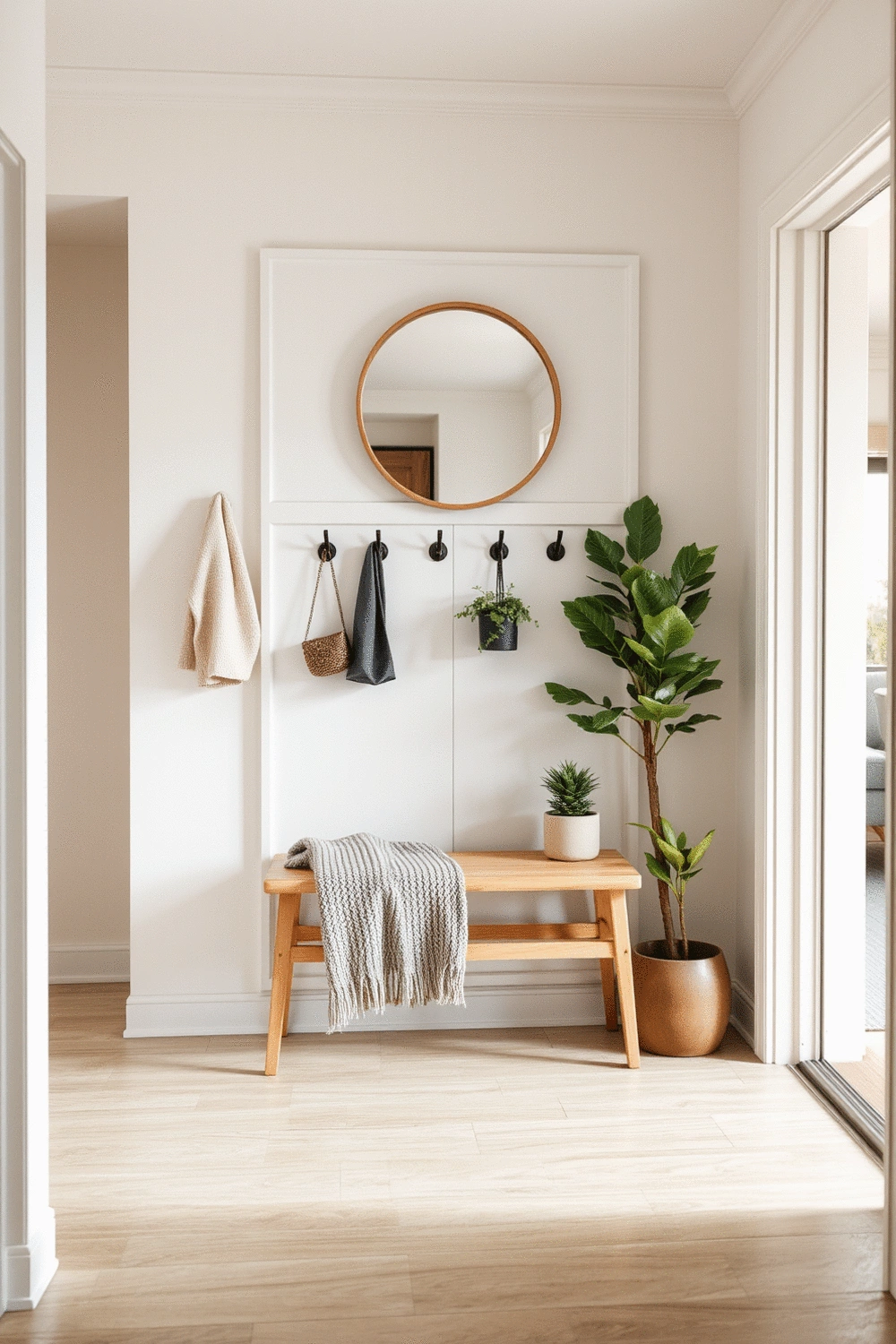 Stylishly organized entryway with a small wooden bench, coat hooks, and a mirror