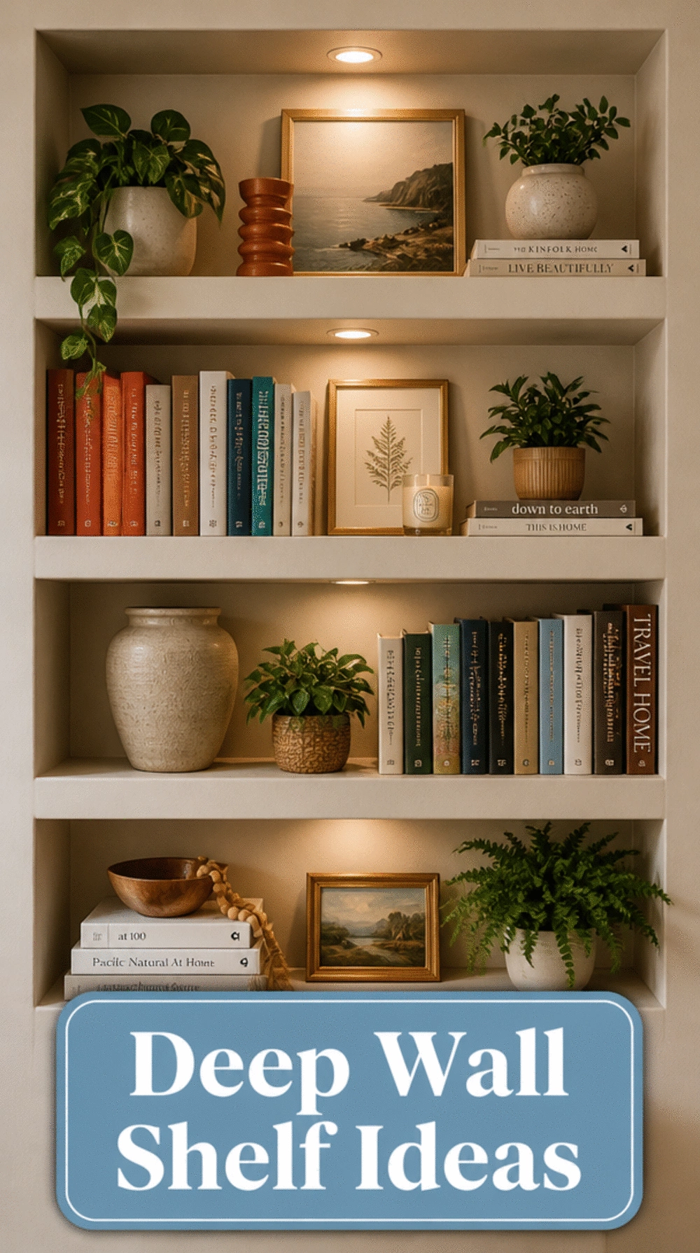 Deep Living Room Wall Shelf at Picture Rail Height for Books and Objects