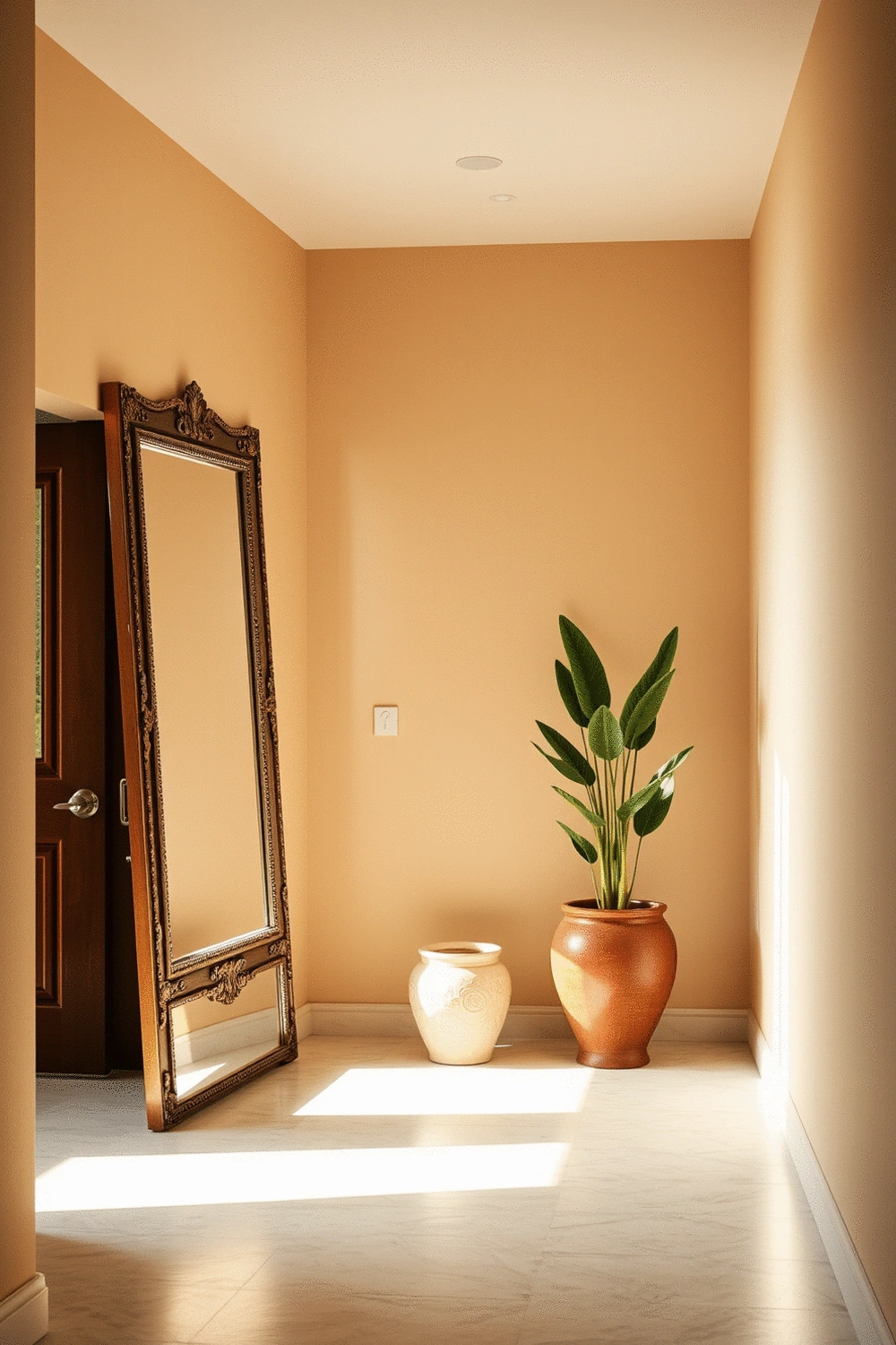 Empty entryway with natural light, a potted plant, and a decorative mirror