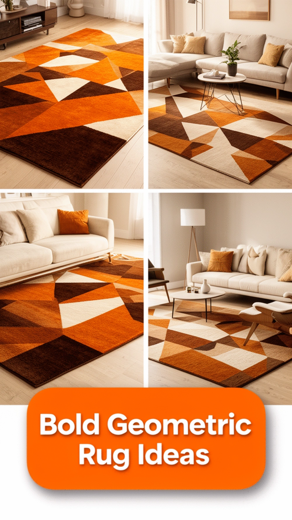 Bold Living Room Geometric Rug in Orange, Brown, and Cream
