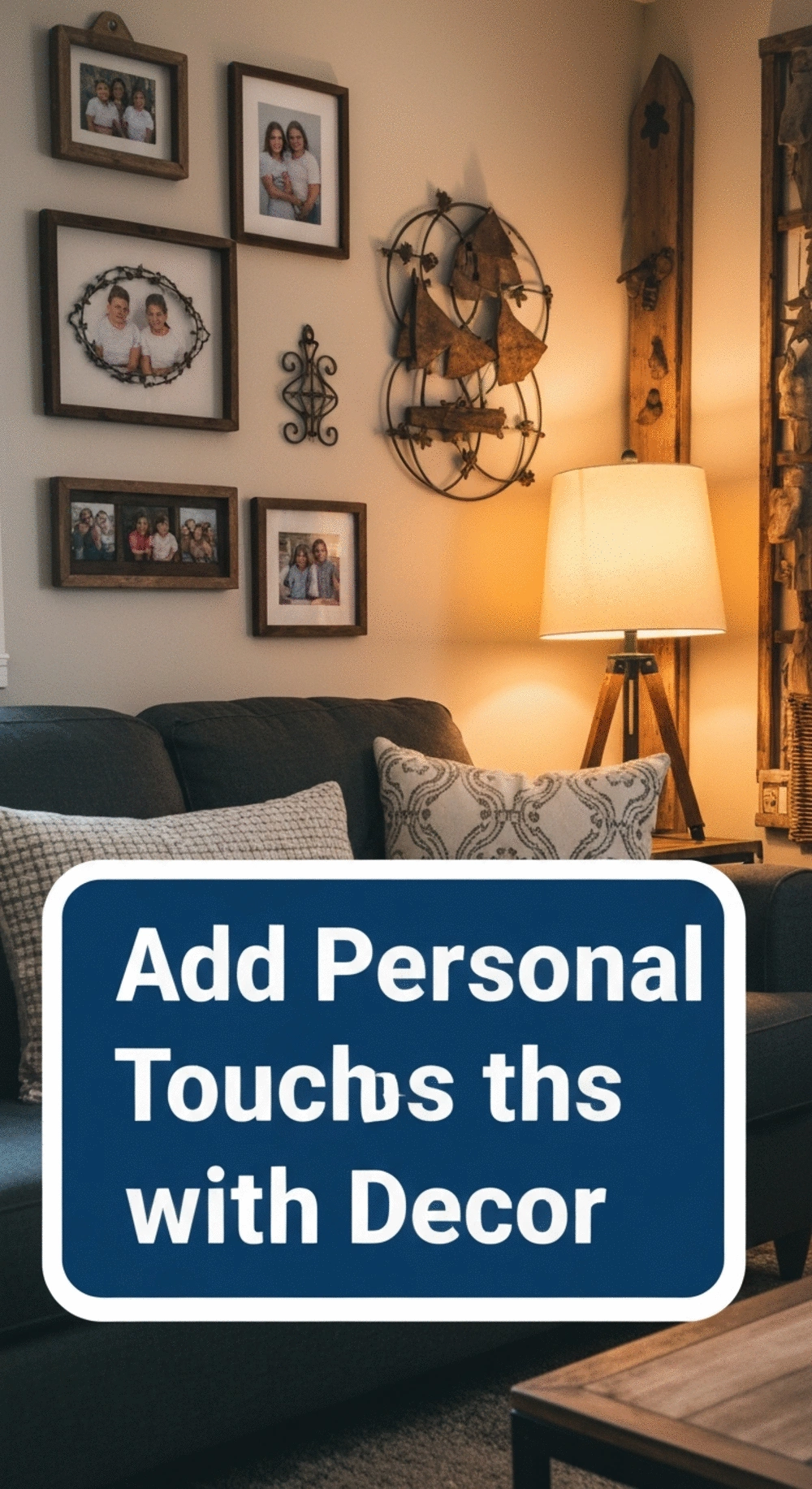 Cozy living room decor featuring personal touches like family photos and unique artwork