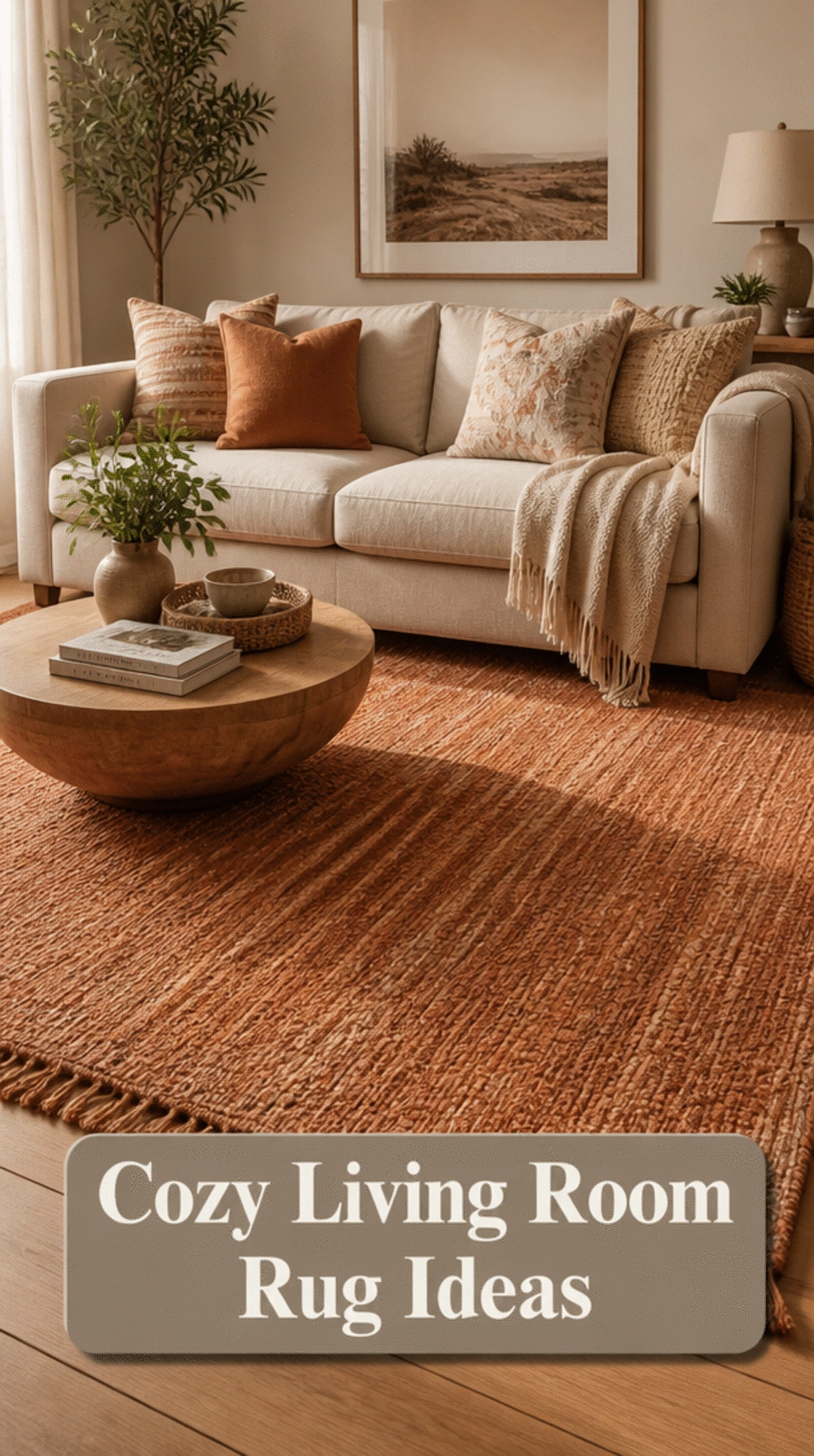 Living Room Terracotta Flatweave Rug That Warms a Neutral Sofa Setting