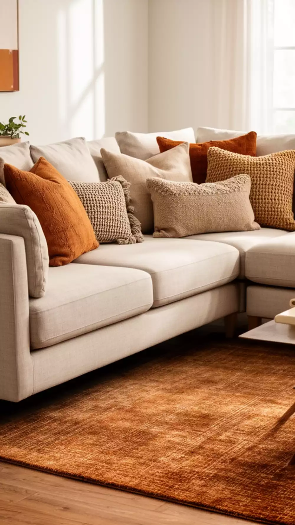 Cozy Neutral Sectional Sofa with Earthy Pillows for Comfort