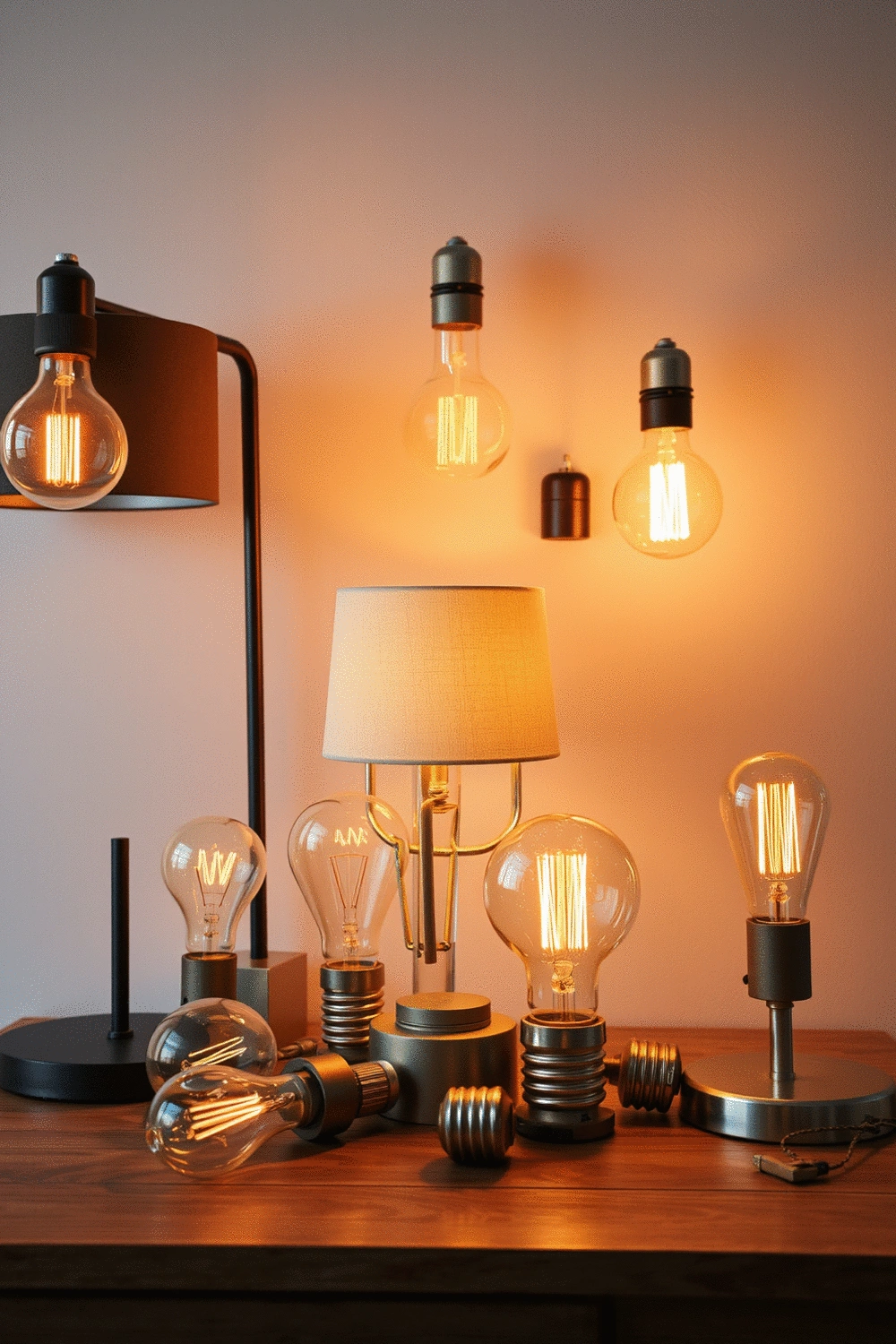 Assortment of warm-toned light bulbs, a table lamp, and a floor lamp on a wooden surface, casting soft, inviting light.